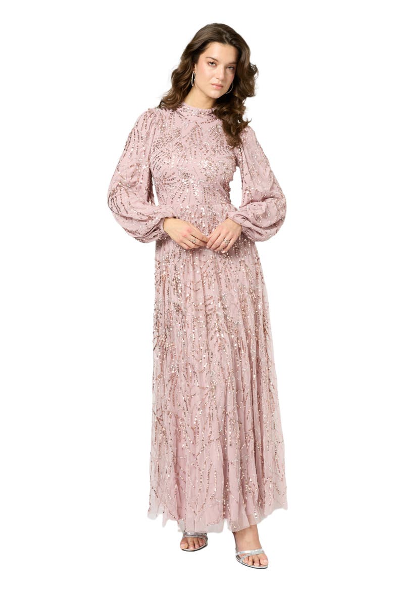Occasion Modest Embellished Sequin Beaded High Neck Evening Dress, Alternate, color, FROSTED PINK