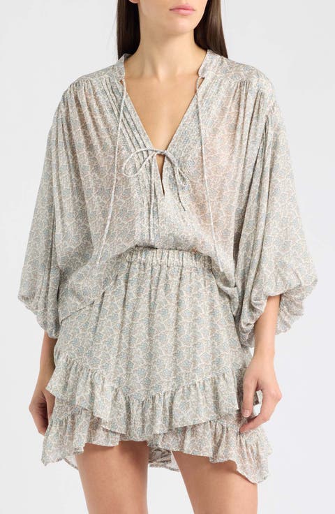 Bales Floral Lace Trim Balloon Sleeve Top