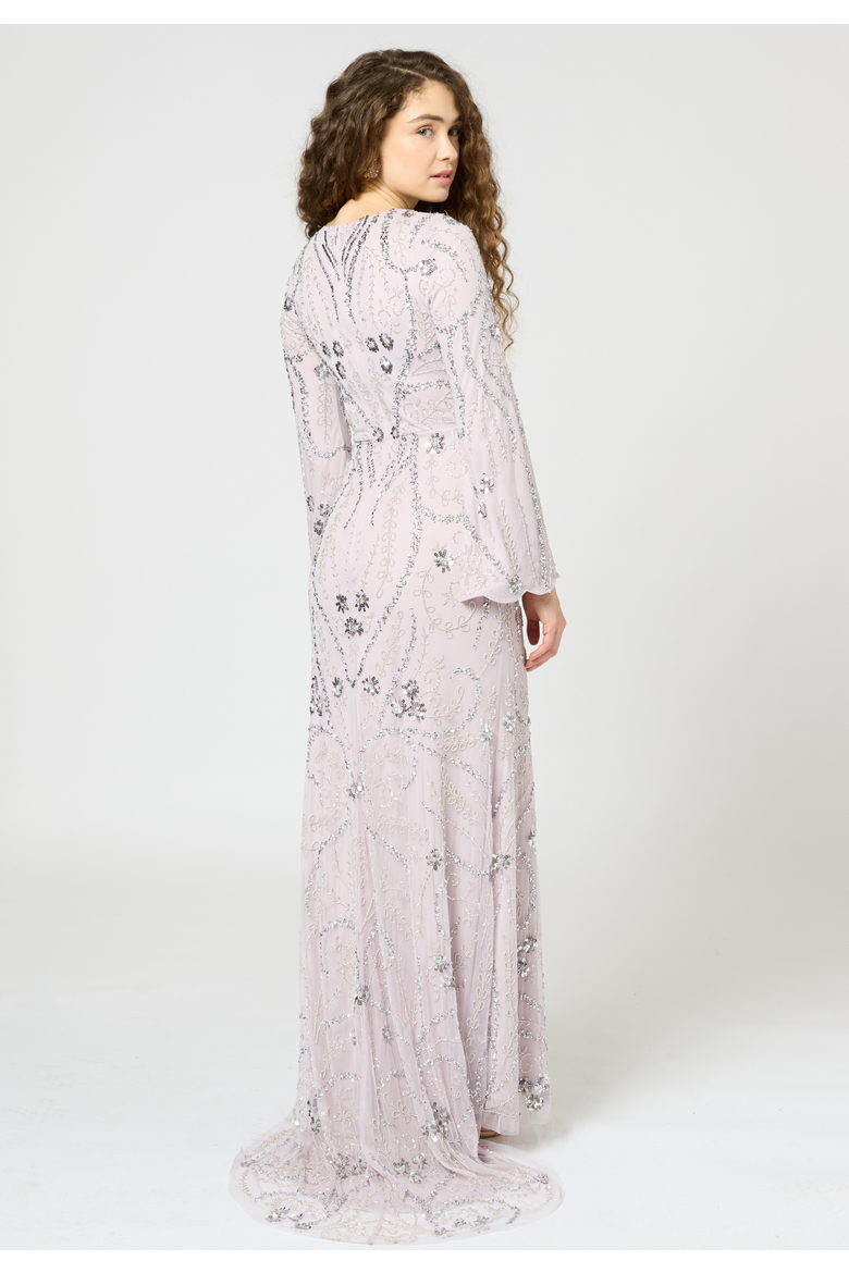 Occasion Modest Embellished Sequin Beaded Floral Evening Dress, Alternate, color, LILAC