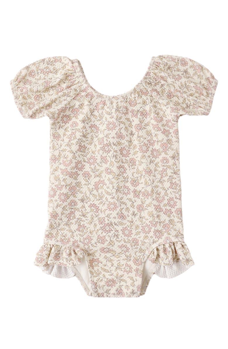 QUINCY MAE Kids' Catalina Puff Sleeve Piqué UPF 50+ One-Piece Swimsuit, Alternate, color, Natural