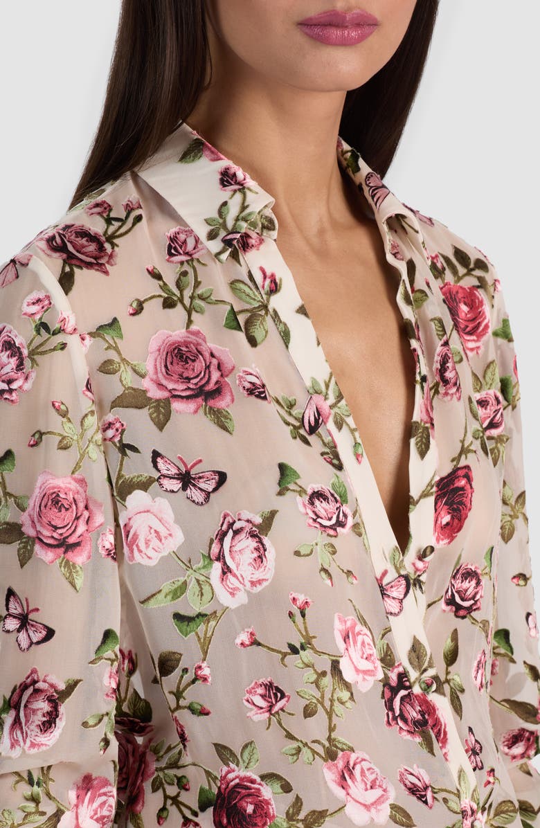 Alice + Olivia Eloise Floral Silk Button-Up Shirt, Alternate, color, Garden Gossip Off White