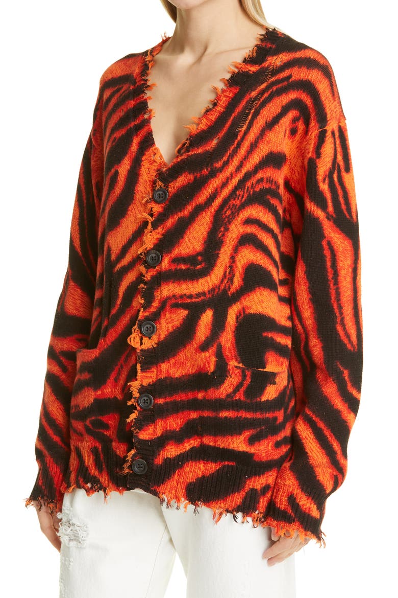 Zebra Print Distressed Oversize Cotton Cardigan, Alternate, color, ORANGE ZEBRA