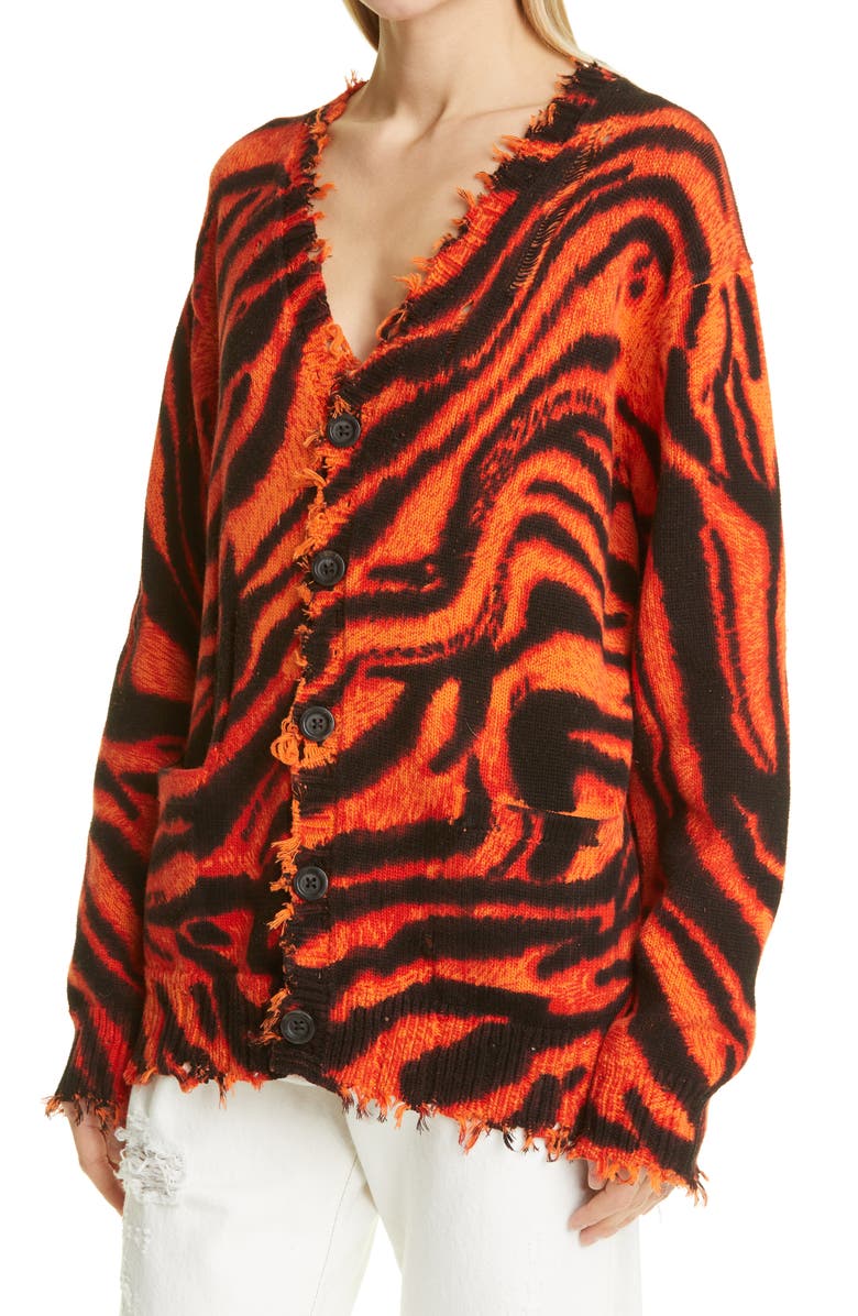 R13 Zebra Print Distressed Oversize Cotton Cardigan, Alternate, color,