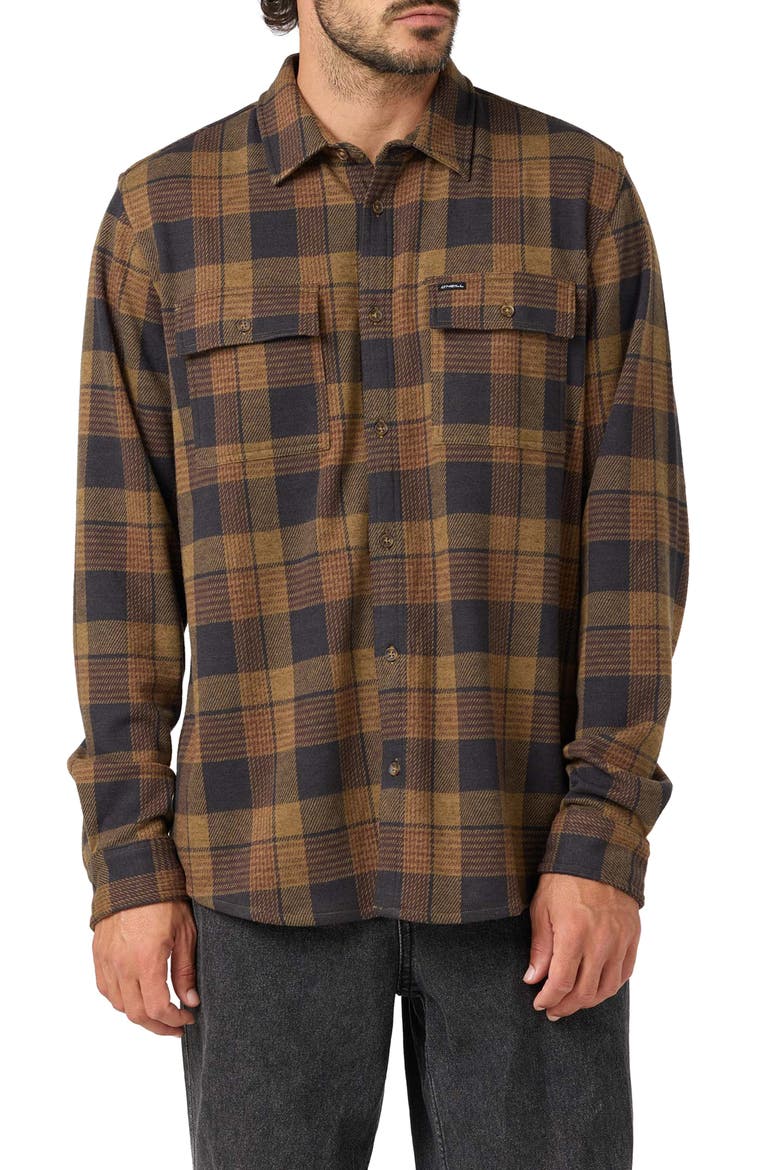 Sutton Plaid Stretch Flannel Button-Up Shirt, Main, color, DARK KHAKI