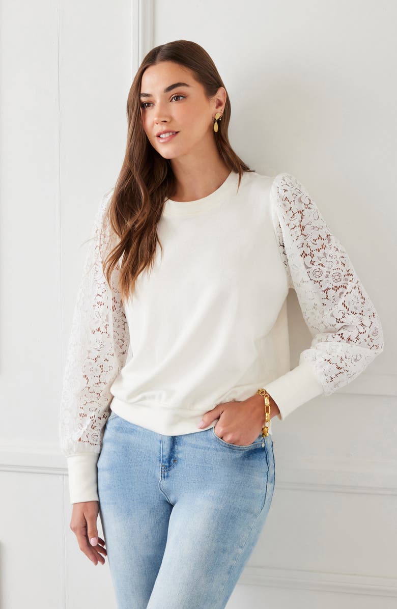 Karen Kane Contrast Lace Sleeve Sweatshirt, Alternate, color, 