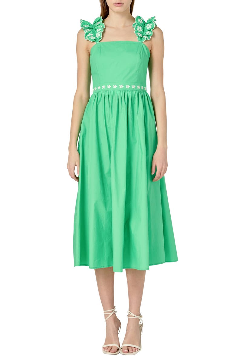 English Factory Flower Embroidered Midi Dress, Main, color, Green