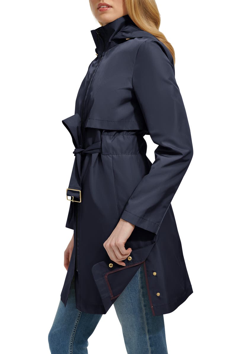 Cole Haan Belted Travel Packable Hooded Rain Jacket, Alternate, color, Indigo