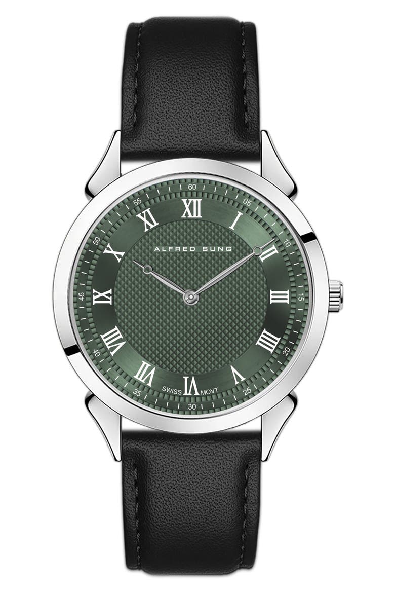 Swiss Heritage Leather Strap Watch, 42mm, Main, color, BROWN STRAP/GREEN DIAL