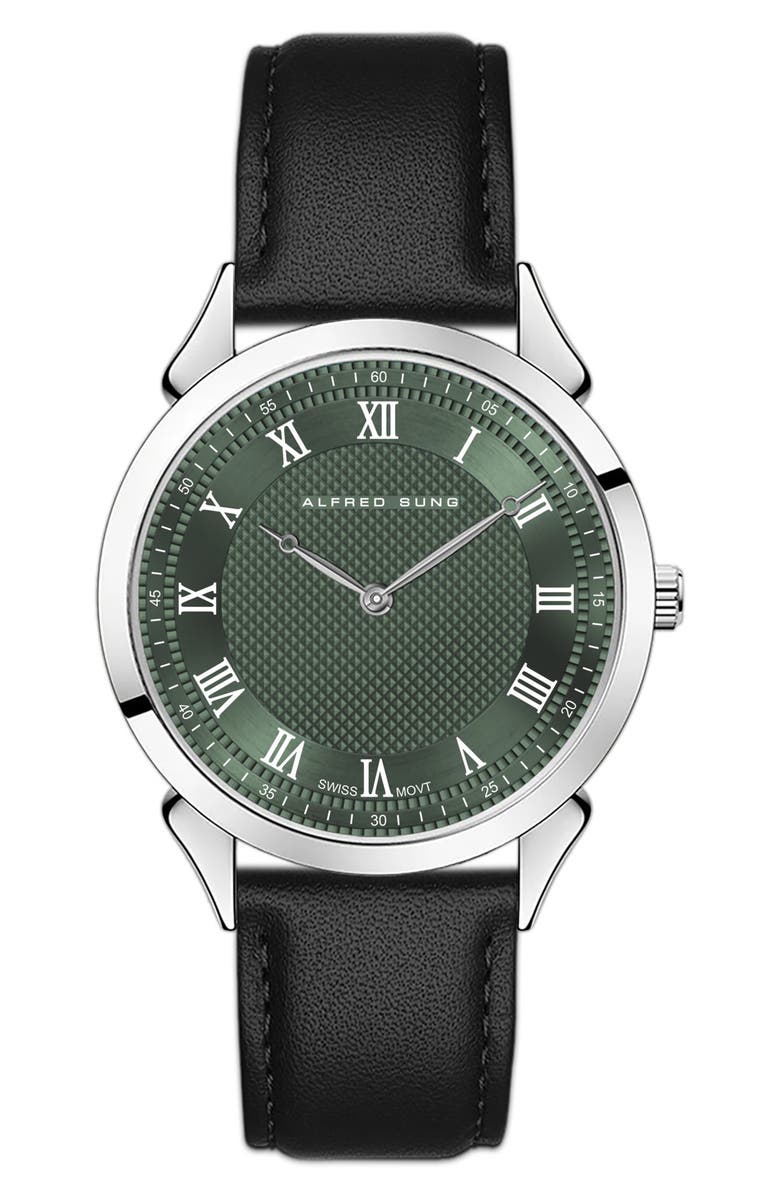 Alfred Sung Swiss Heritage Leather Strap Watch, 42mm, Main, color, Brown Strap/Green Dial