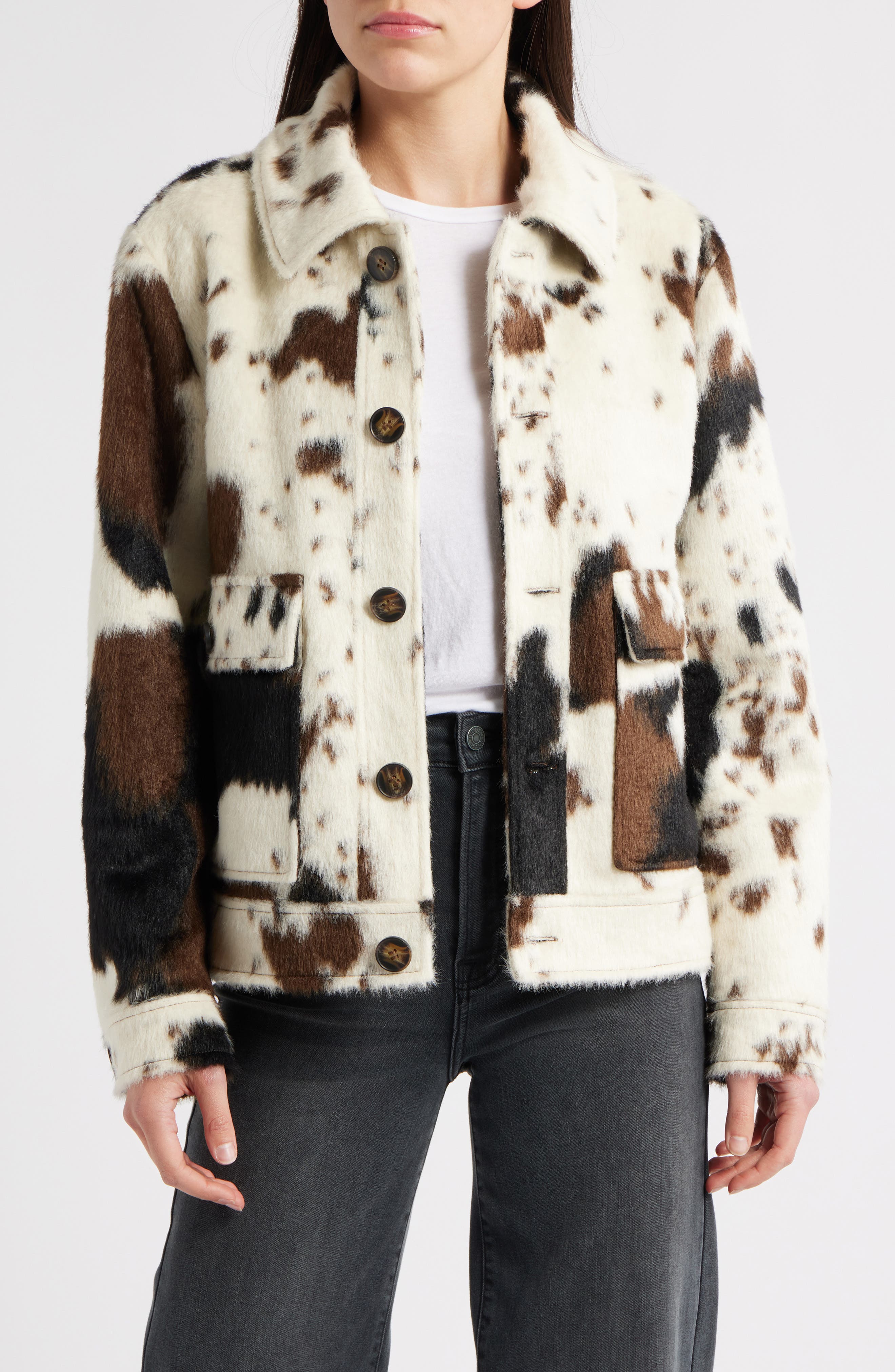 Bernardo Cow Print Faux Fur Jacket