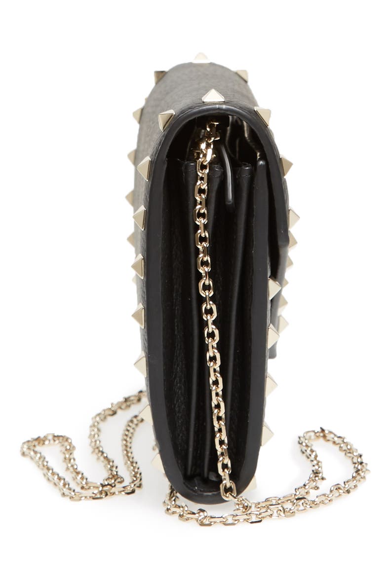 Rockstud V-Flap Calfskin Leather Wallet on a Chain, Alternate, color, BLACK