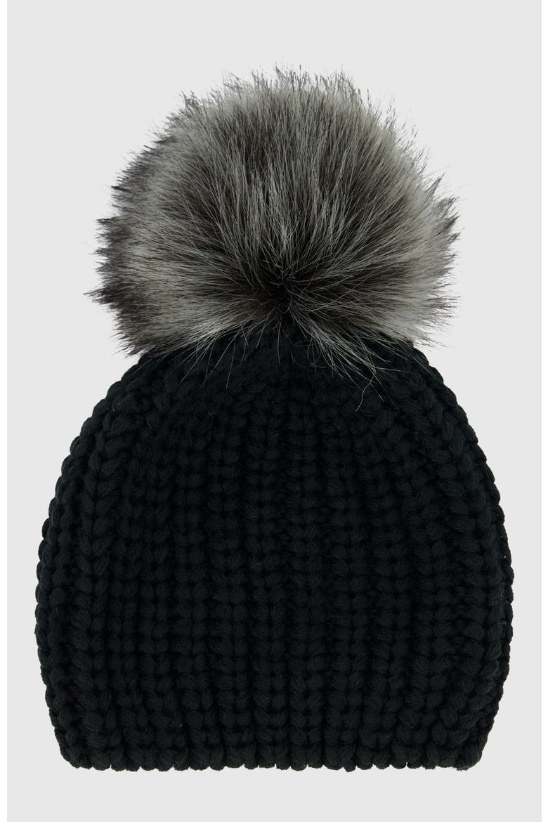 Beanie Hat With Fur-Free Fox (Faux Fur) Pompom, Alternate, color, BLACK/SILVER