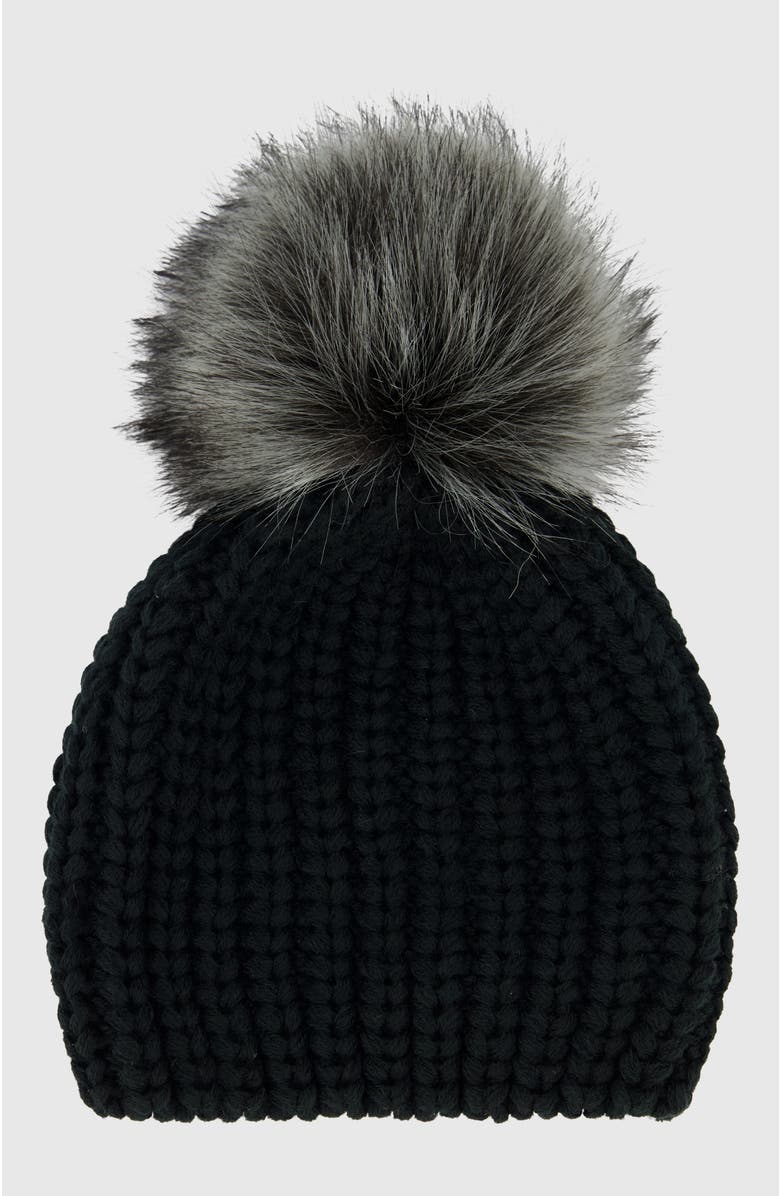 Lyla Grant Beanie Hat With Fur-Free Fox (Faux Fur) Pompom, Alternate, color, Black/Silver