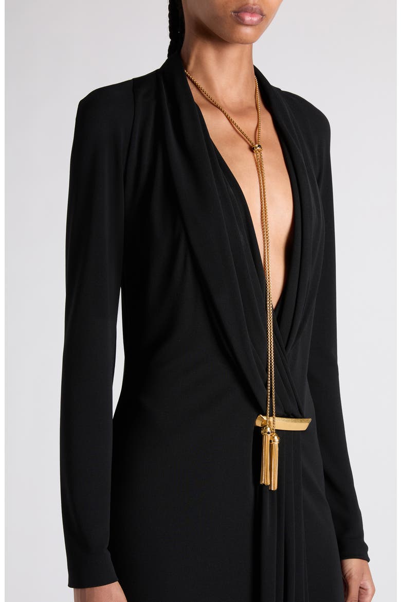 Plunge Neck Long Sleeve Crepe Jersey Dress, Alternate, color, LB999 BLACK