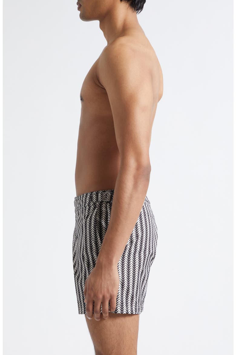 Geometric Print Compact Swim Trunks, Alternate, color, WHITE/ BLACK