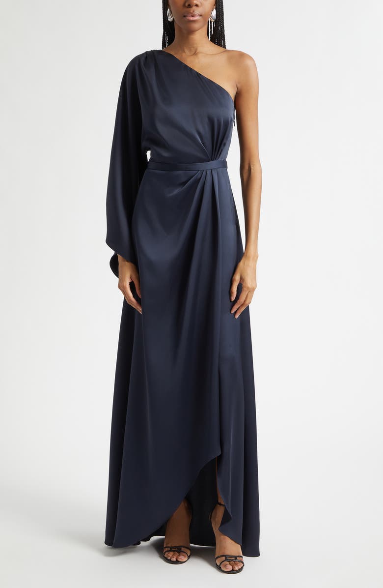 Ramy Brook Opal One-Shoulder Single Long Sleeve Satin Gown, Main, color, 