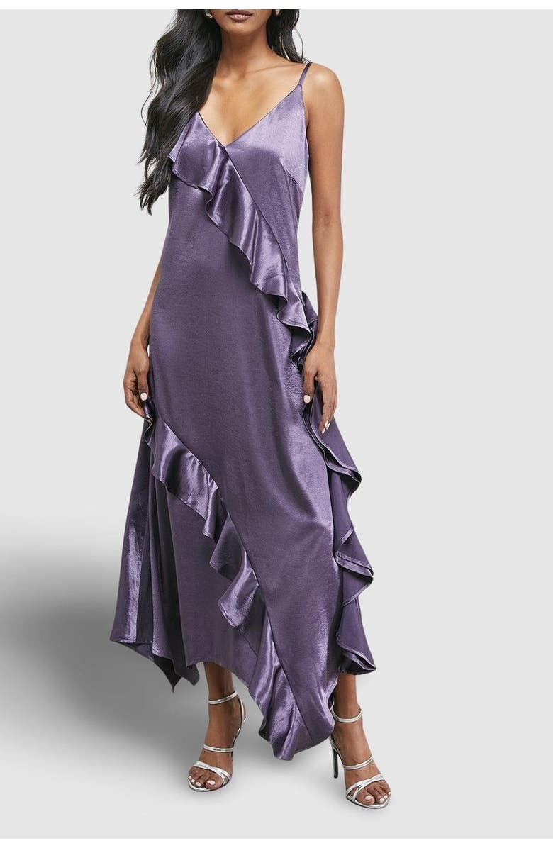 Warehouse Metallic Satin Ruffle Midi Slip Dress, Alternate, color, Mauve