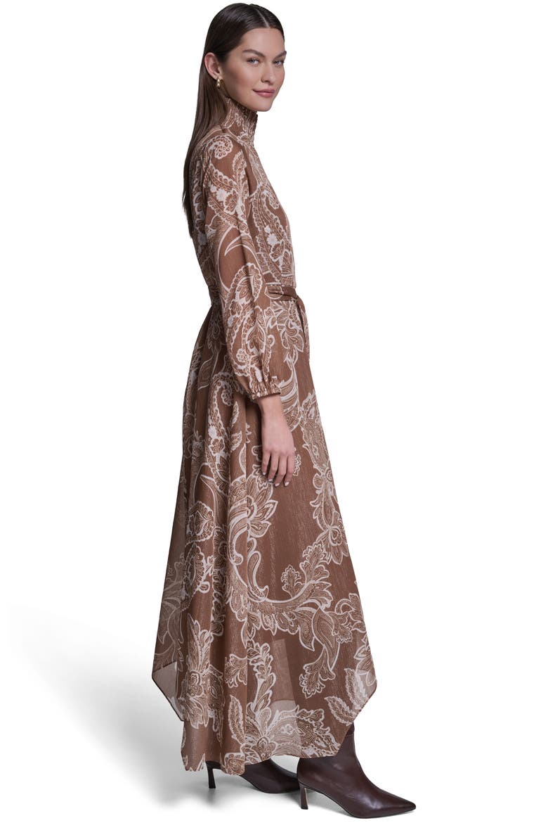 Long Sleeve Paisley Printed Chiffon Midi Dress, Alternate, color, Tan Multi