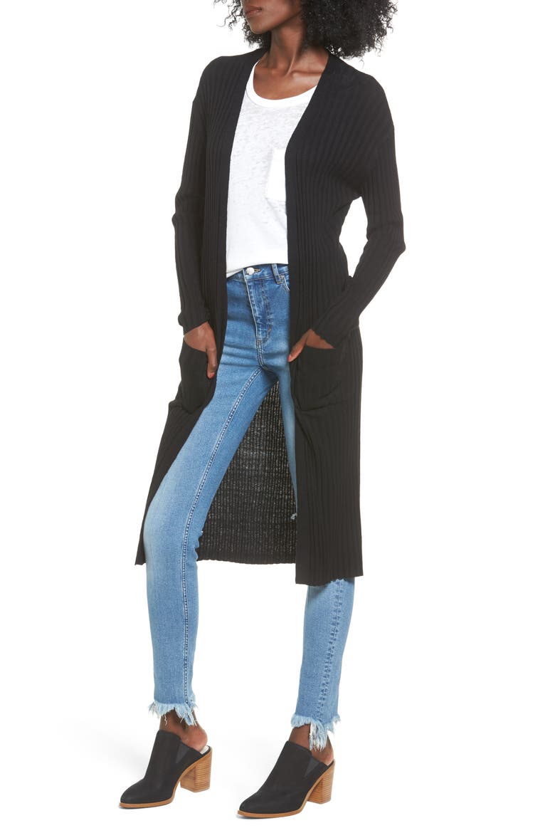Rib Knit Midi Cardigan, Main, color, BLACK
