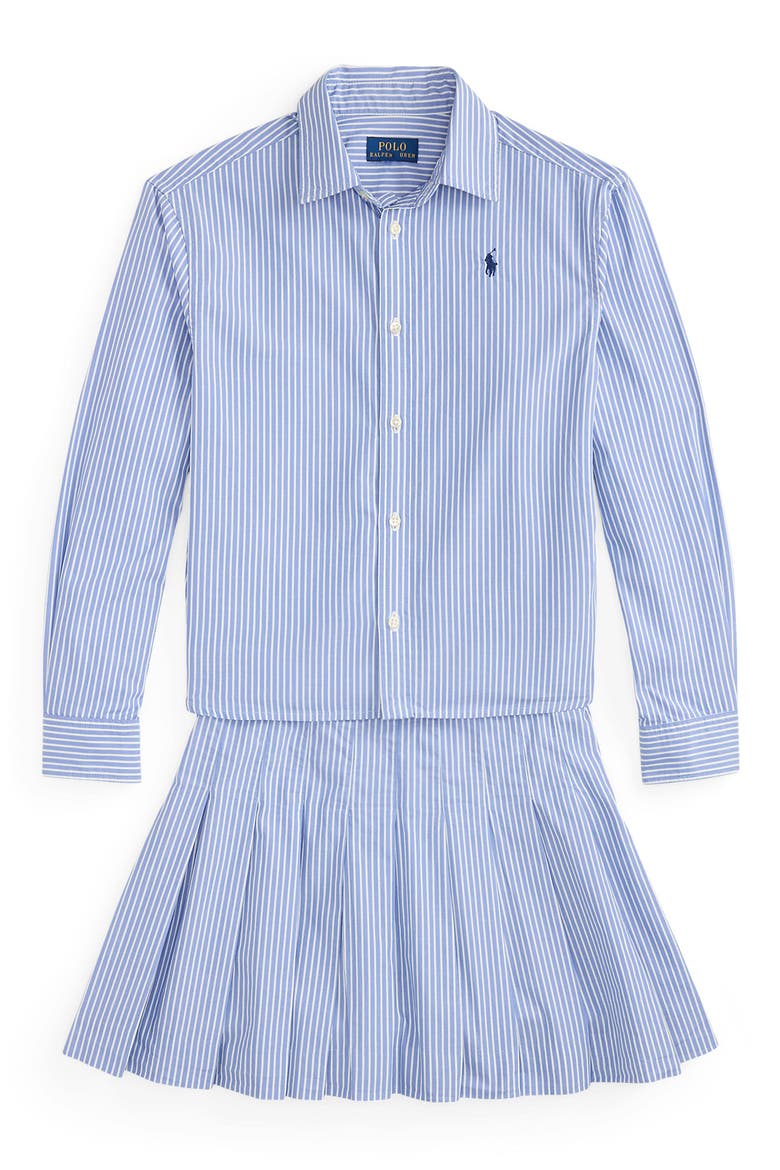 Kids' Stripe Cotton Poplin Button-Up Shirt & Skirt, Main, color, BLUE WHITE
