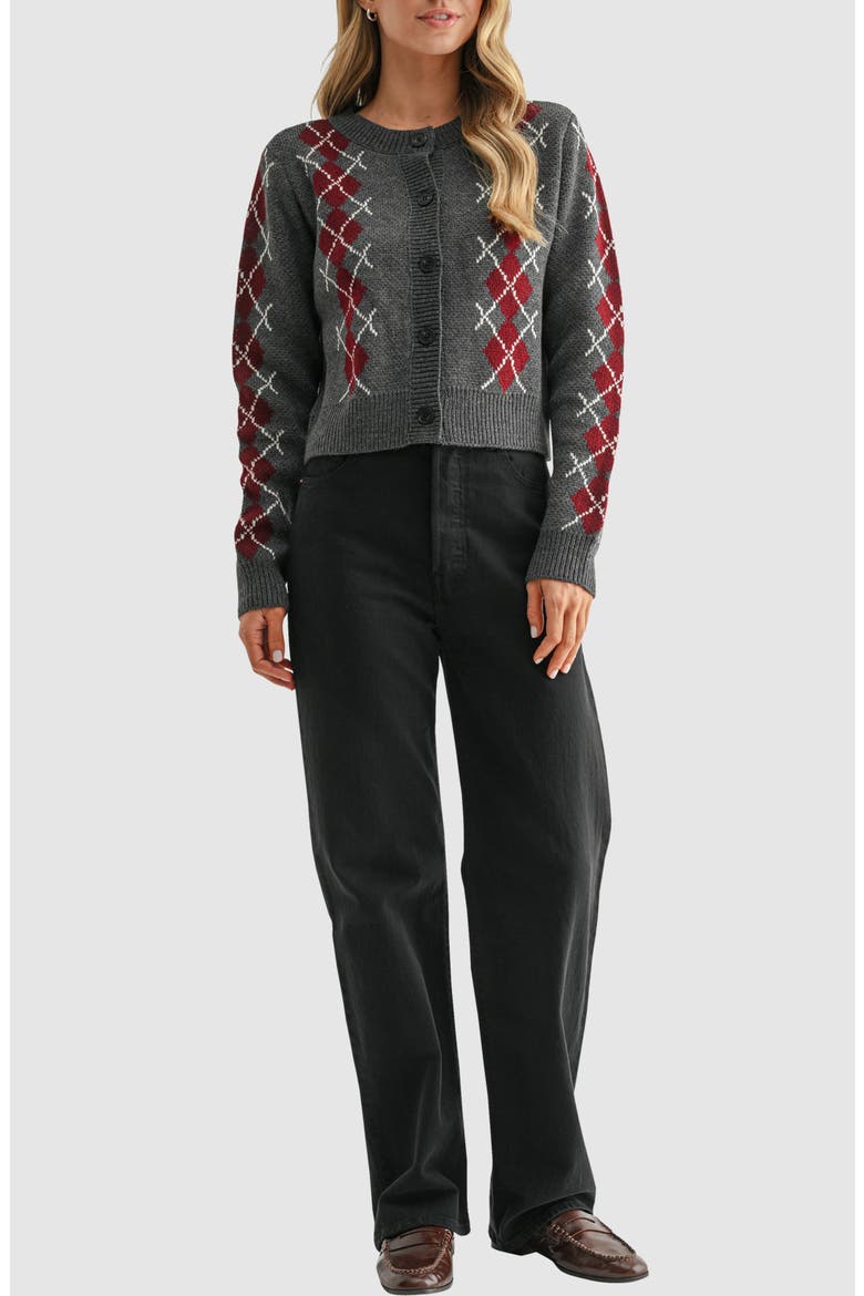 Argyle Crewneck Cardigan, Alternate, color, CHARCOAL WINE
