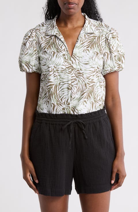 Monstera Mirage Puff Sleeve Stretch Cotton Top