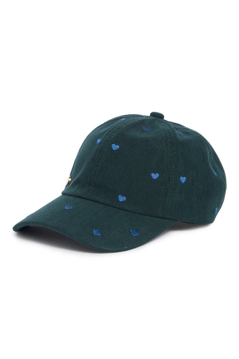 Heart Embroidered Corduroy Baseball Cap, Main, color, DARK GREEN