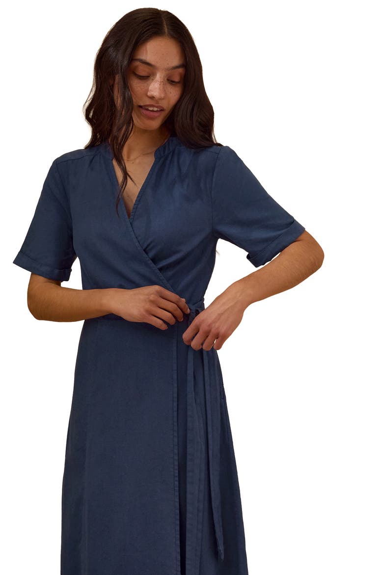 Luxurious Linen Wrap Midi Dress, Alternate, color, Denim Blue