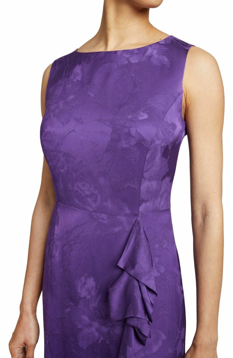 Santorelli NICA Sleeveless Dress with Side Ruffle in Tonal Satin Jacquard, Alternate, color, 
