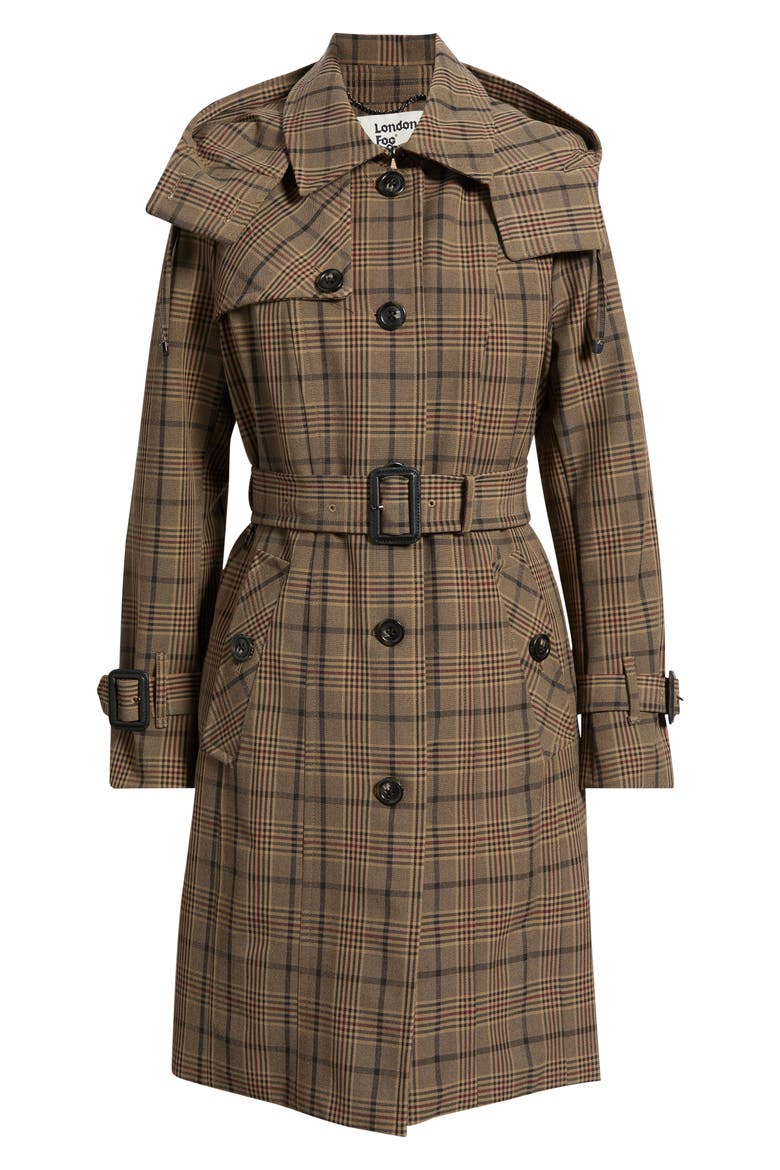 Single Breasted Trench Coat with Removable Hood, Alternate, color, BROWN PLAID