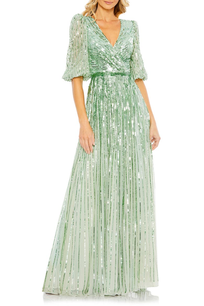 Sequined Wrap Over 3/4 Sleeve Gown, Main, color, SAGE