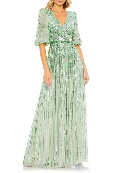 Sequined Wrap Over 3/4 Sleeve Gown