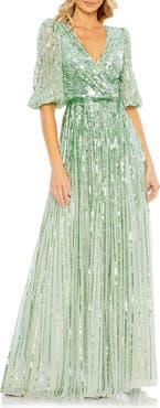 Mac Duggal Sequined Wrap Over 3/4 Sleeve Gown