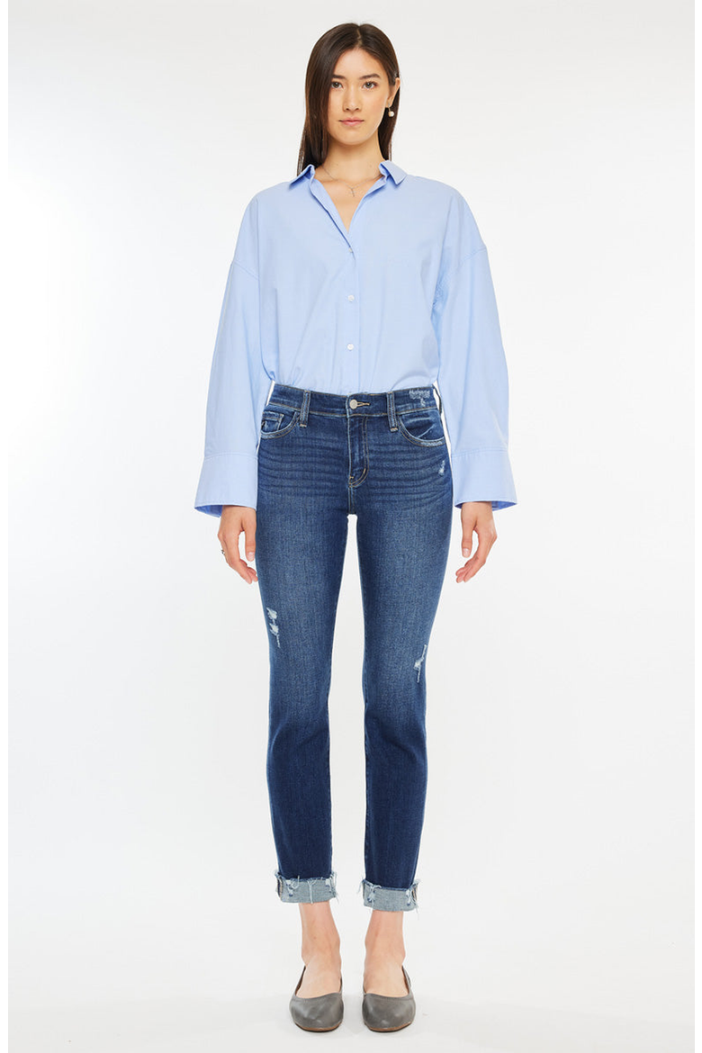 Emely Essentials Mid Rise Slim Straight Leg Jeans, Main, color, Dark Wash