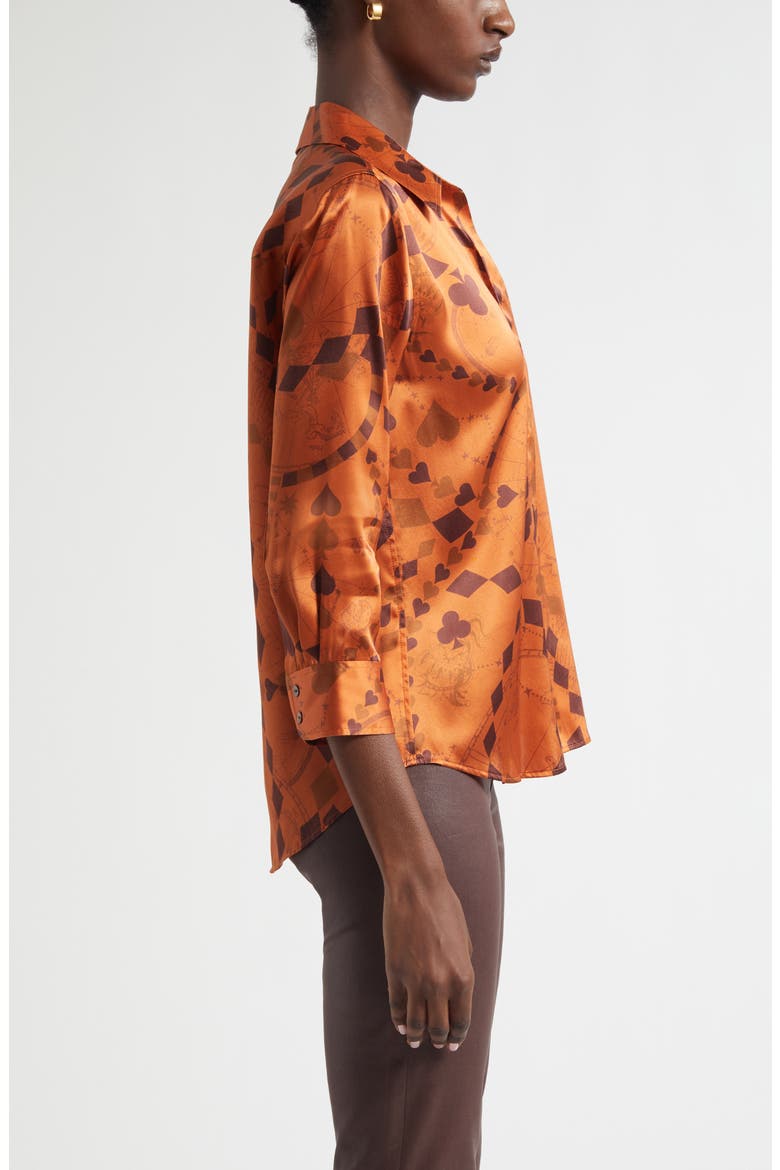 Dani Playing Card Print Silk Button-Up Shirt, Alternate, color, AMBER BROWN PLAYING CARD GEO