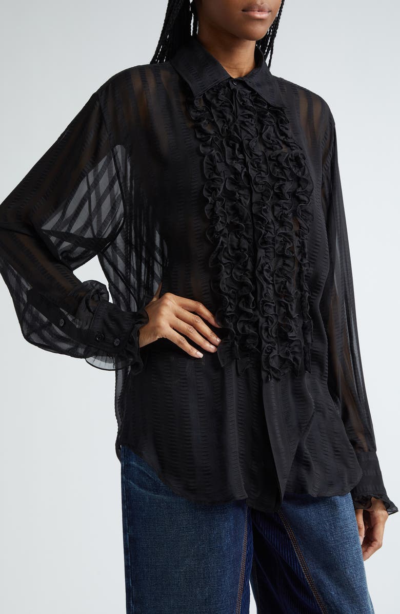 Stella McCartney Ruffle Bib Silk Blend Jacquard Shirt, Alternate, color, 