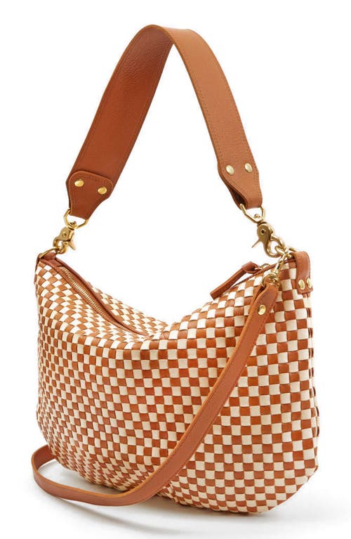 Clare V Petit Moyen Woven Leather Messenger Bag In Natural & Cream Woven Checker