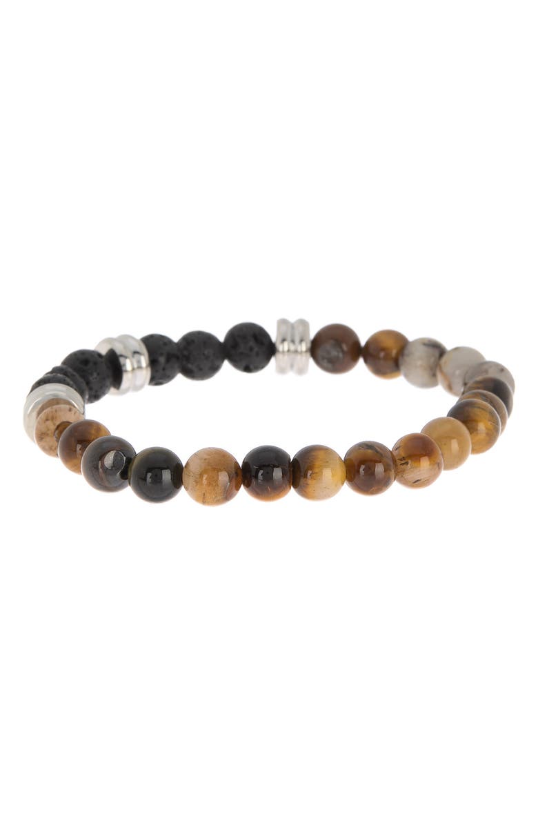 HMY JEWELRY Men's 18K Gold Plate Tiger's Eye & Black Lava Bead Bracelet, Alternate, color, Metallic