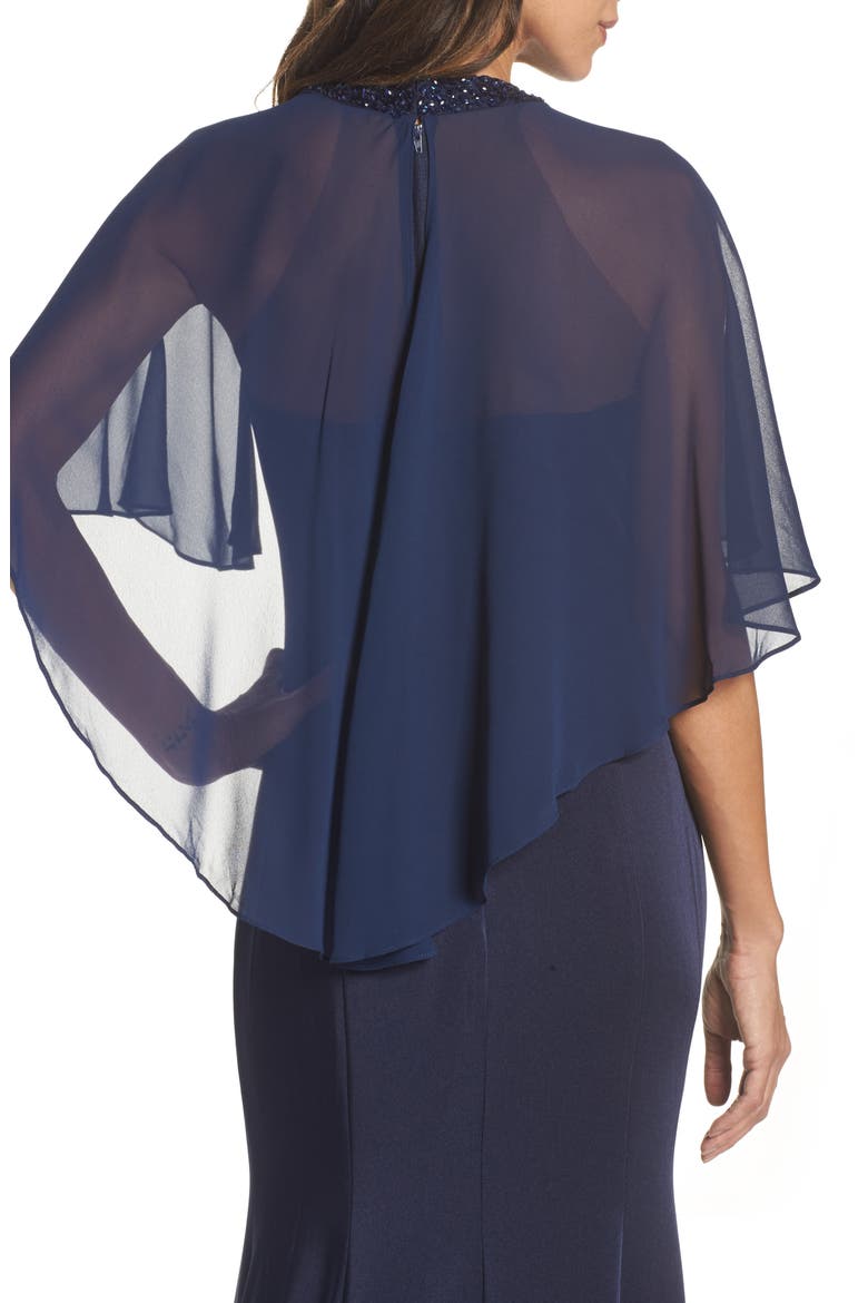 Illusion Cape Trumpet Gown, Alternate, color, NAVY