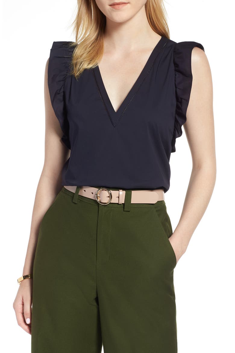 Ruffle Cotton Poplin Blend Top, Main, color, NAVY NIGHT