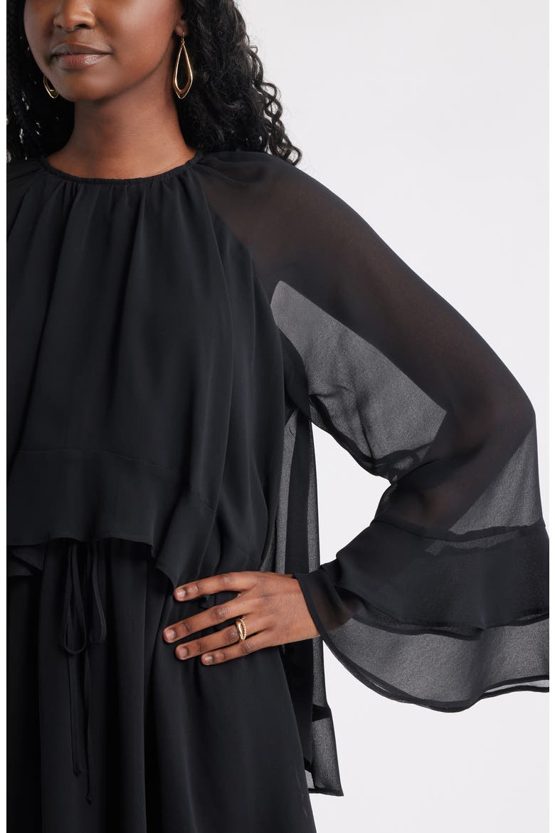 Tiered Long Sleeve Chiffon Minidress, Alternate, color, BLACK