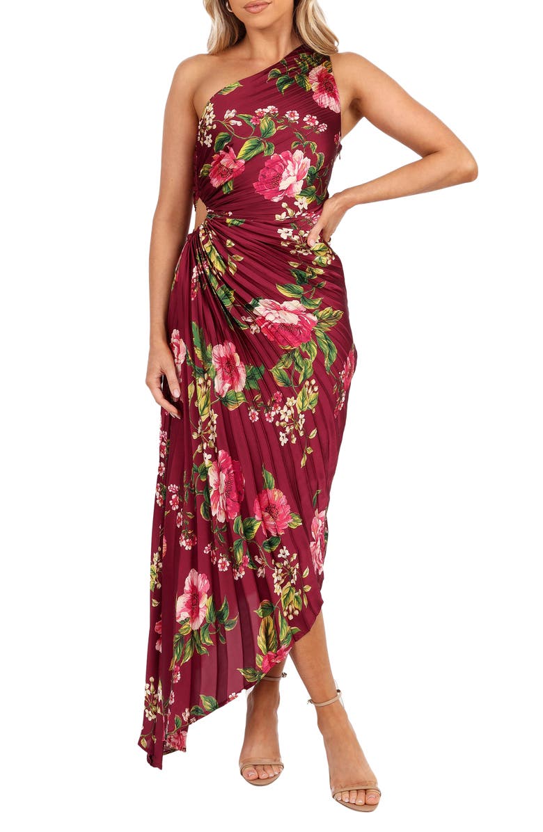 Petal & Pup Kleo Floral Pleated One-Shoulder Satin Cocktail Dress, Main, color, Burgundy Floral