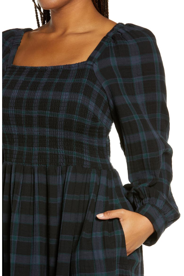 Lucie Livonia Plaid Lightspun Long Sleeve Smocked Midi Dress, Alternate, color, DARK BALTIC