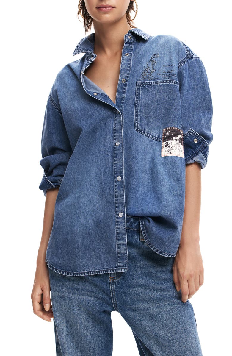Desigual Mickey Mouse Graphic Denim Snap-Up Shirt, Main, color,