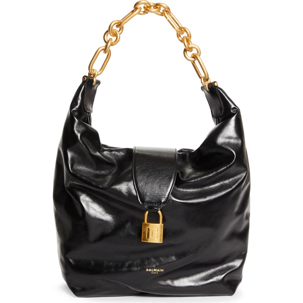 Balmain Sync Leather Hobo Bag In Black