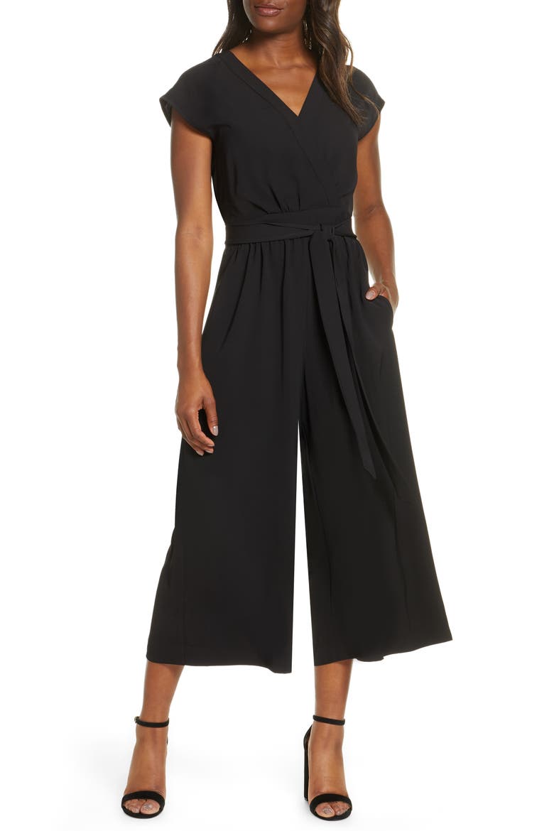 Faux Wrap Crop Jumpsuit, Main, color, BLACK