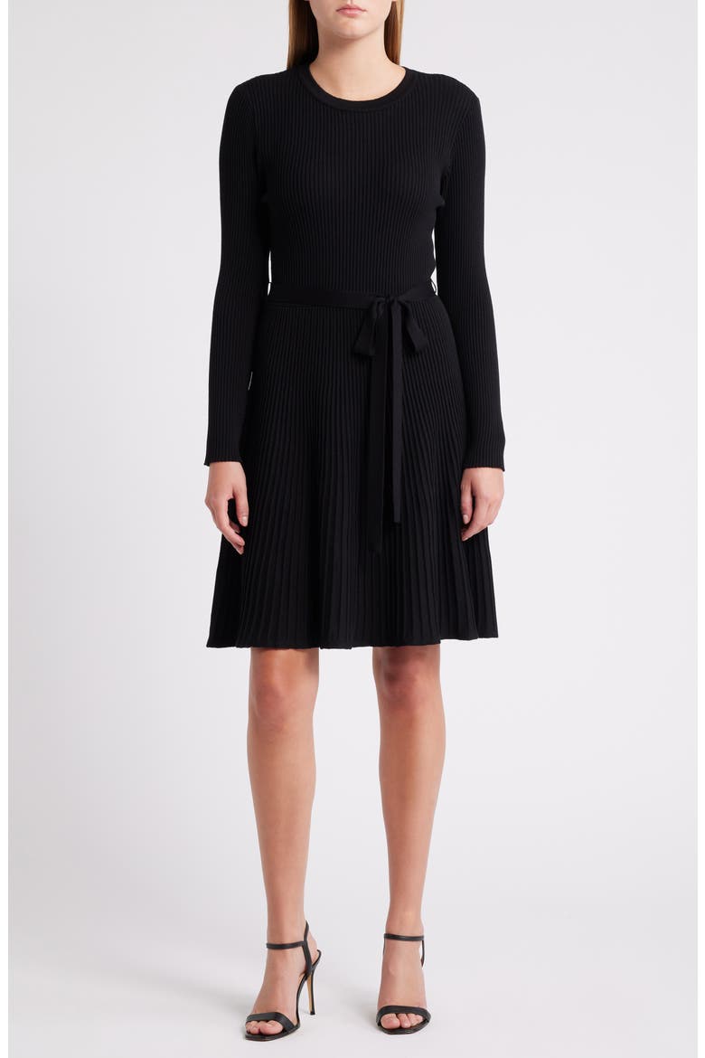 Rib Long Sleeve Belted Sweater Dress, Main, color, BLACK