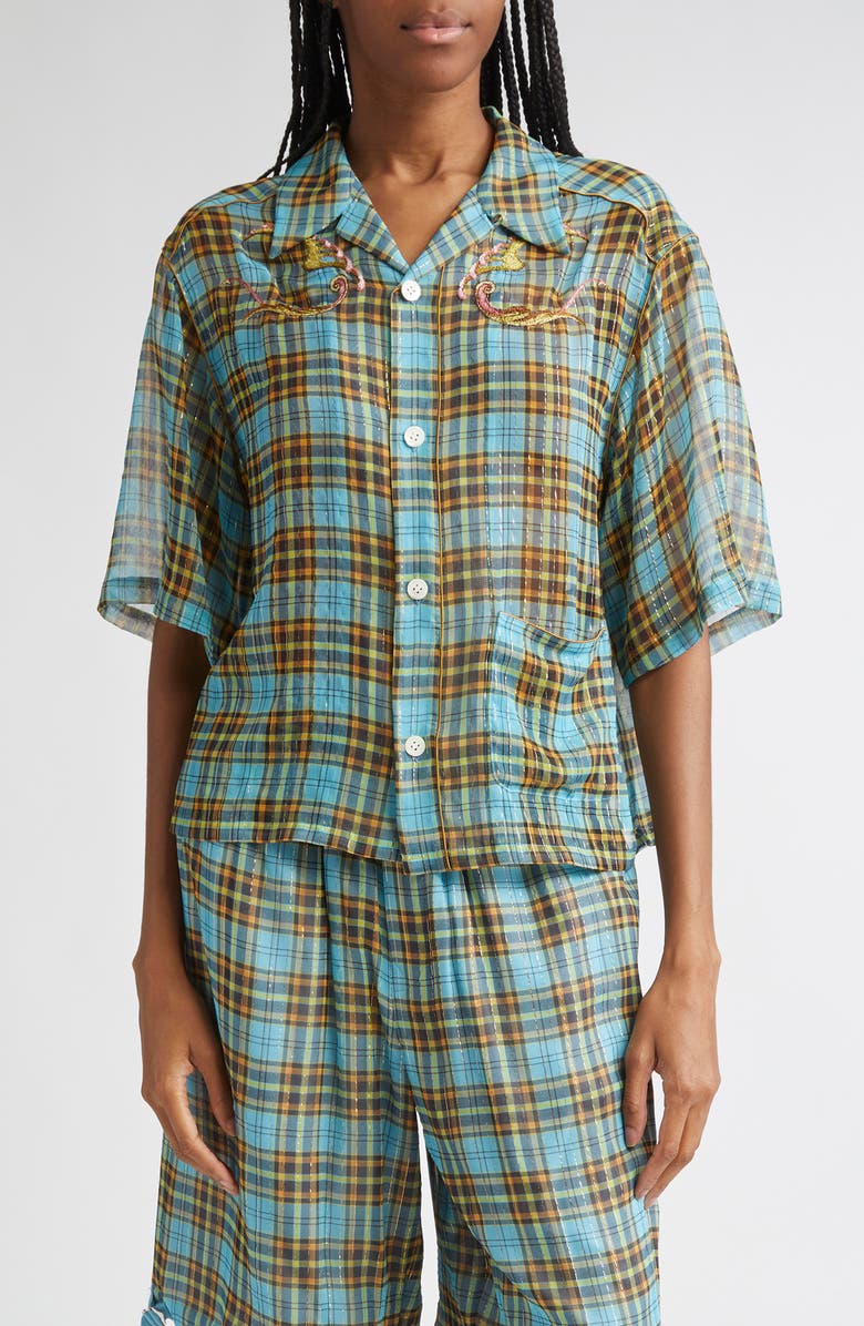 Undercover Metallic Stripe Plaid Silk Blend Camp Shirt, Main, color, Blue Check
