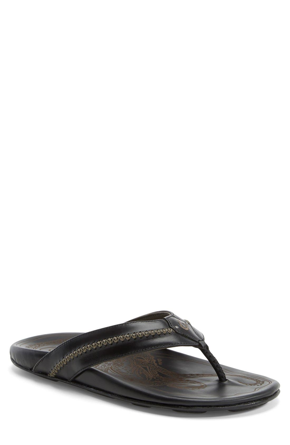 OluKai Mea Ola Flip Flop, Main, color, Black/ Black Leather