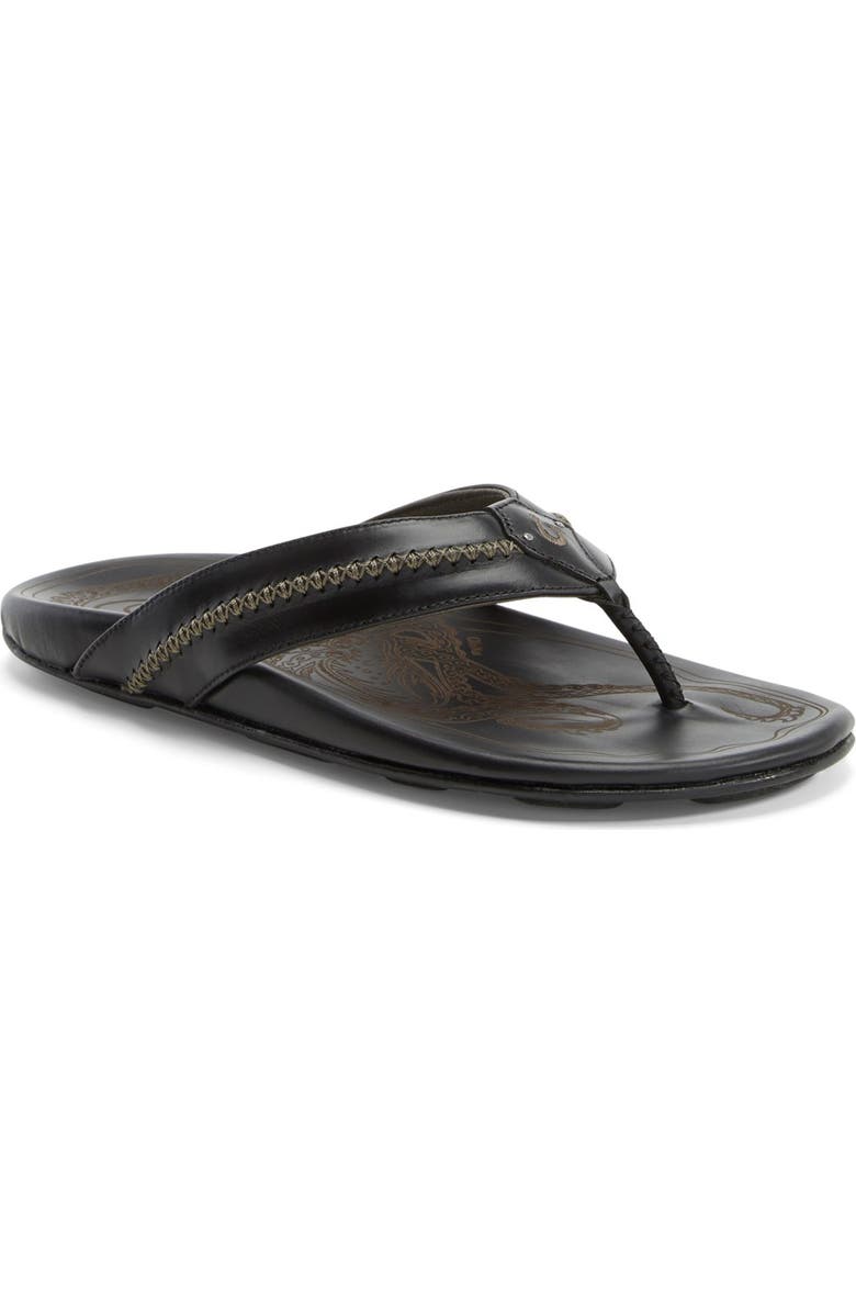 OluKai Mea Ola Flip Flop, Main, color, Black/ Black Leather